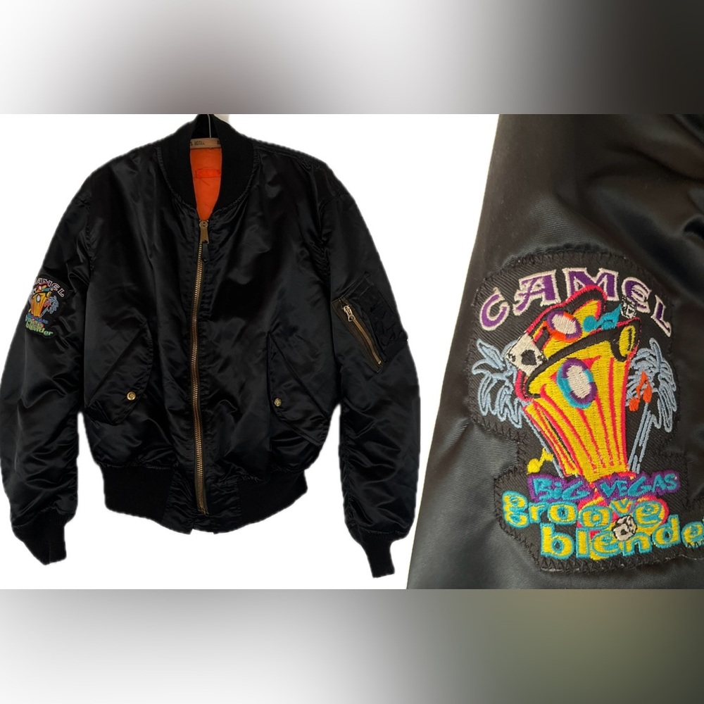 Vintage Camel Satin Bomber Jacket Black Reversible Orange Utility Large 90s Y2K